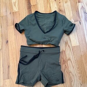 ALO Yoga Olive Green Bike Shorts Set with Black Trim